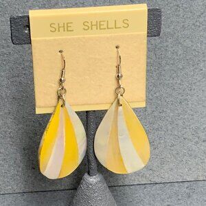 She Shells Teardrop Earrings 2 In Sea Shell Inlay Dangle Pierced Yellow White